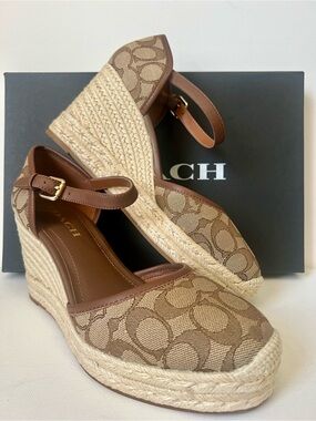NWT Coach Tan Signature Canvas Espadrille Wedge Sandals